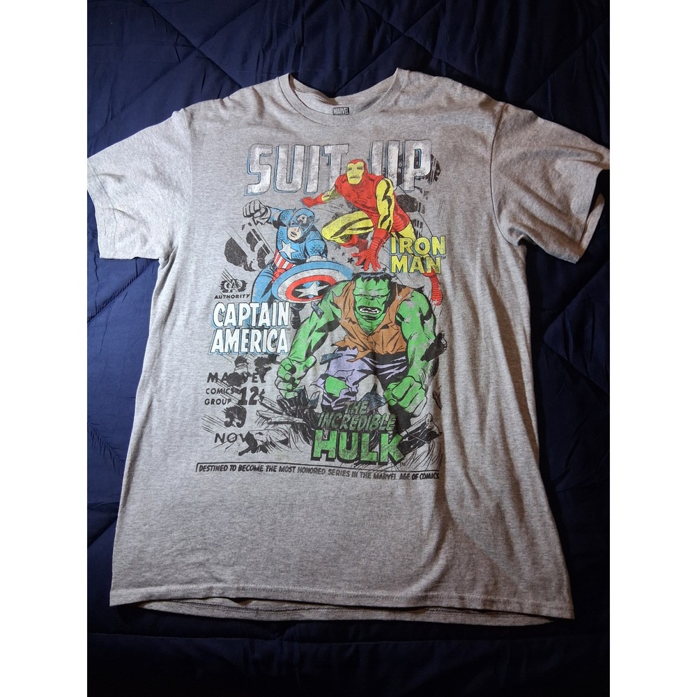Marvel Comics Suit Up Graphic T-Shirt Mens Large Gray Avengers Hulk Iron Man L